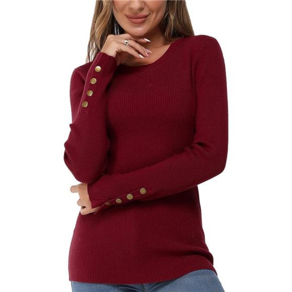 Women's Solid Long Sleeve Knit Crew Neck Button Stretch Casual Pullover Sweater‎